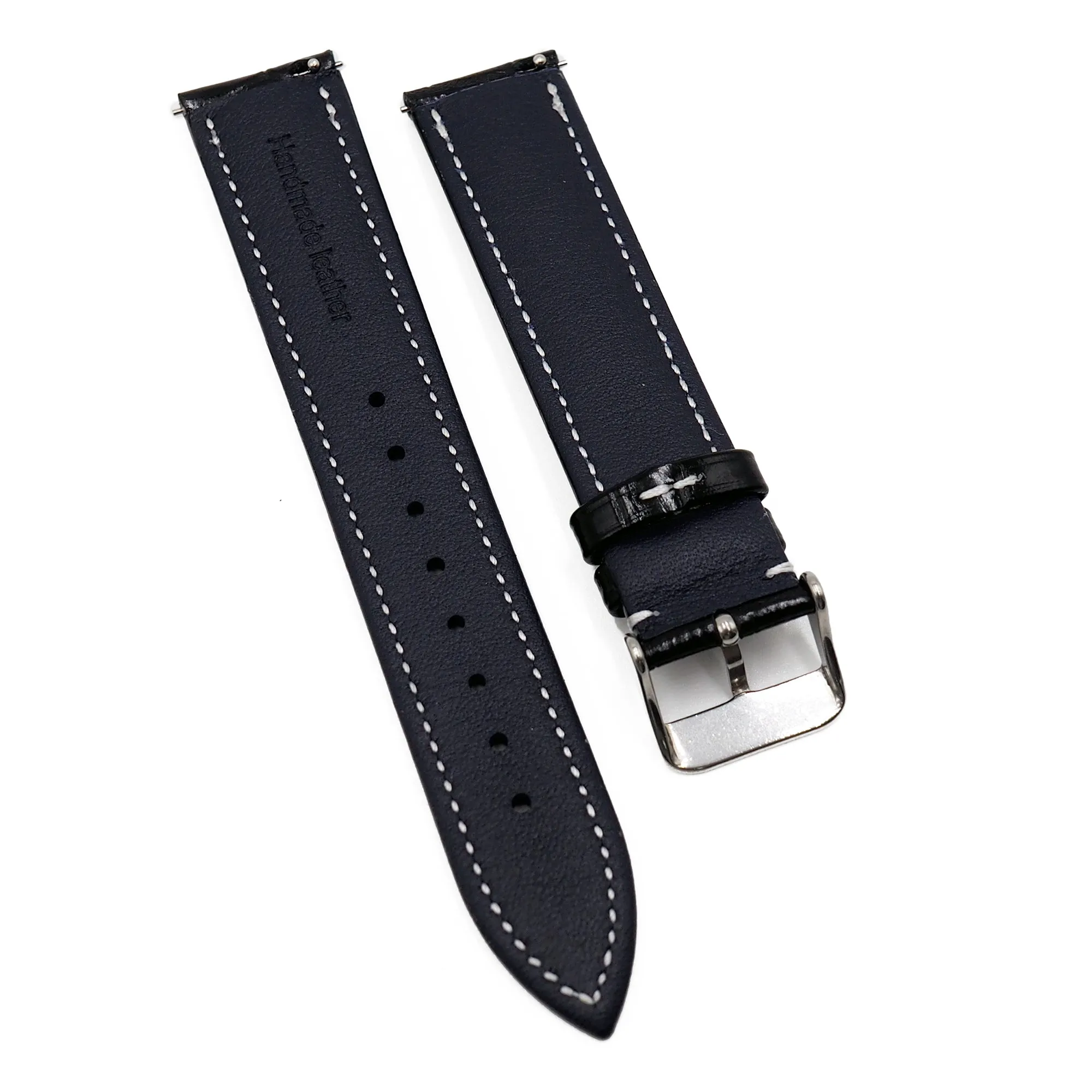 19mm Waxed Black Alligator-Embossed Calf Leather Watch Strap, White Stitching, Quick Release Spring Bars
