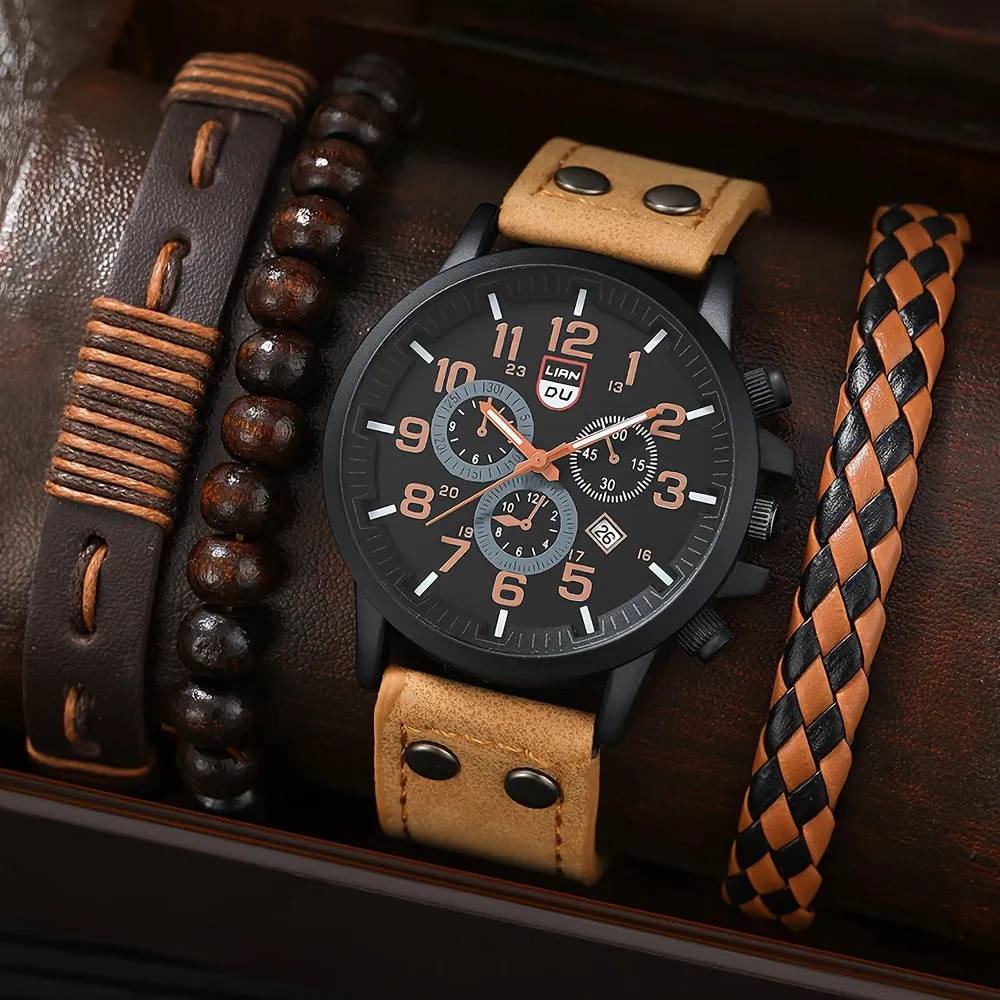 4pcs Watch  Bracelet Set Perfect Mens Gift Combo