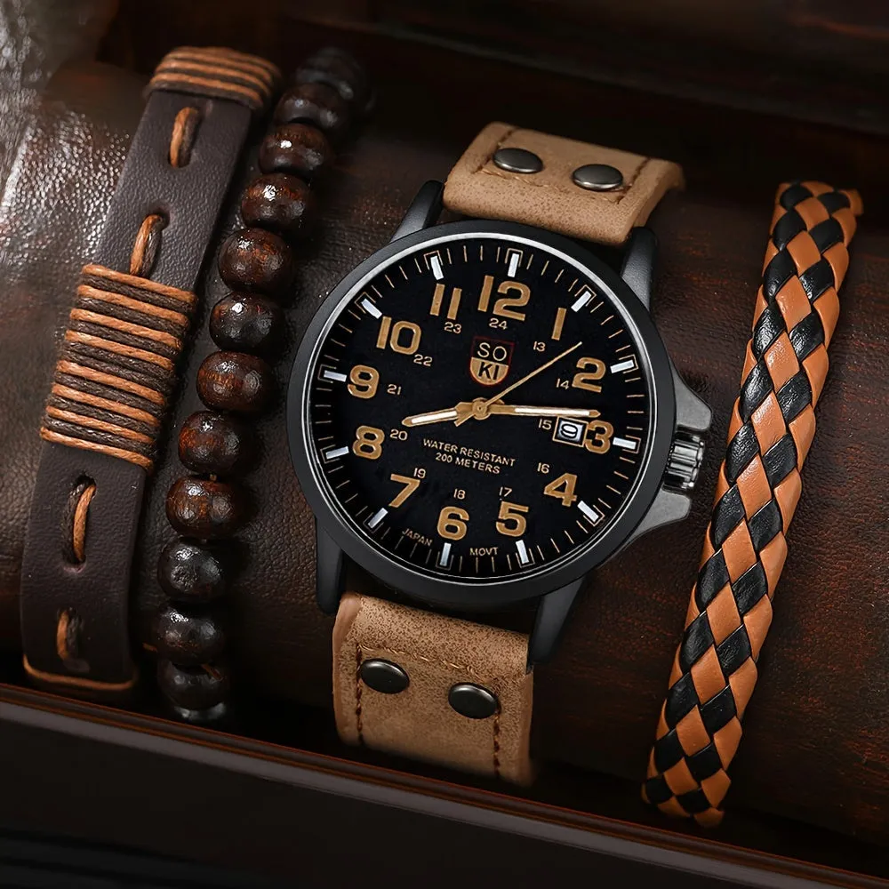 4pcs Watch  Bracelet Set Perfect Mens Gift Combo
