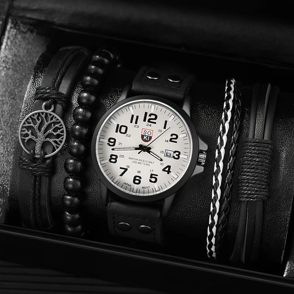 4pcs Watch  Bracelet Set Perfect Mens Gift Combo