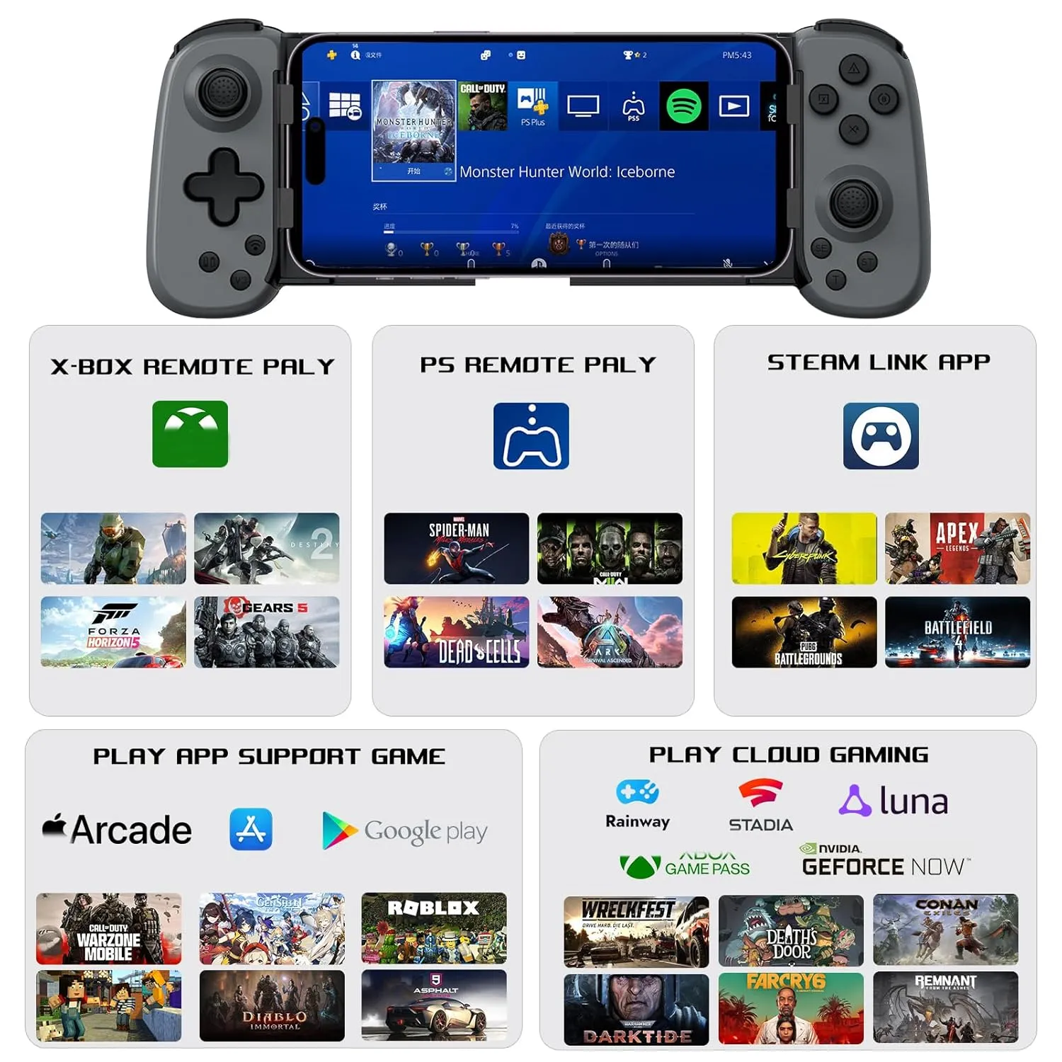 arVin Mobile Gaming Controller for iPhone, Android with Phone CASE Support, Wireless Gamepad for iPhone/iPad/Samsung/Tablet/Switch/PS4/PC - Play Xbox Cloud Gaming/PS Remote Play/Steam Link/GeForce Now