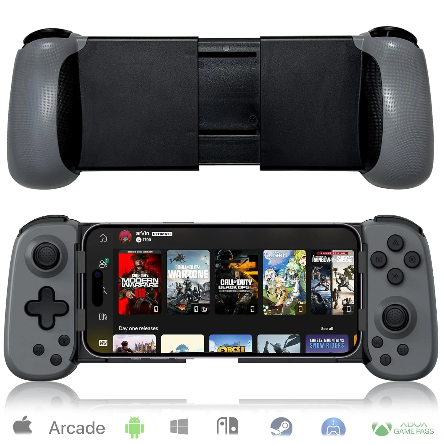 arVin Mobile Gaming Controller for iPhone, Android with Phone CASE Support, Wireless Gamepad for iPhone/iPad/Samsung/Tablet/Switch/PS4/PC - Play Xbox Cloud Gaming/PS Remote Play/Steam Link/GeForce Now