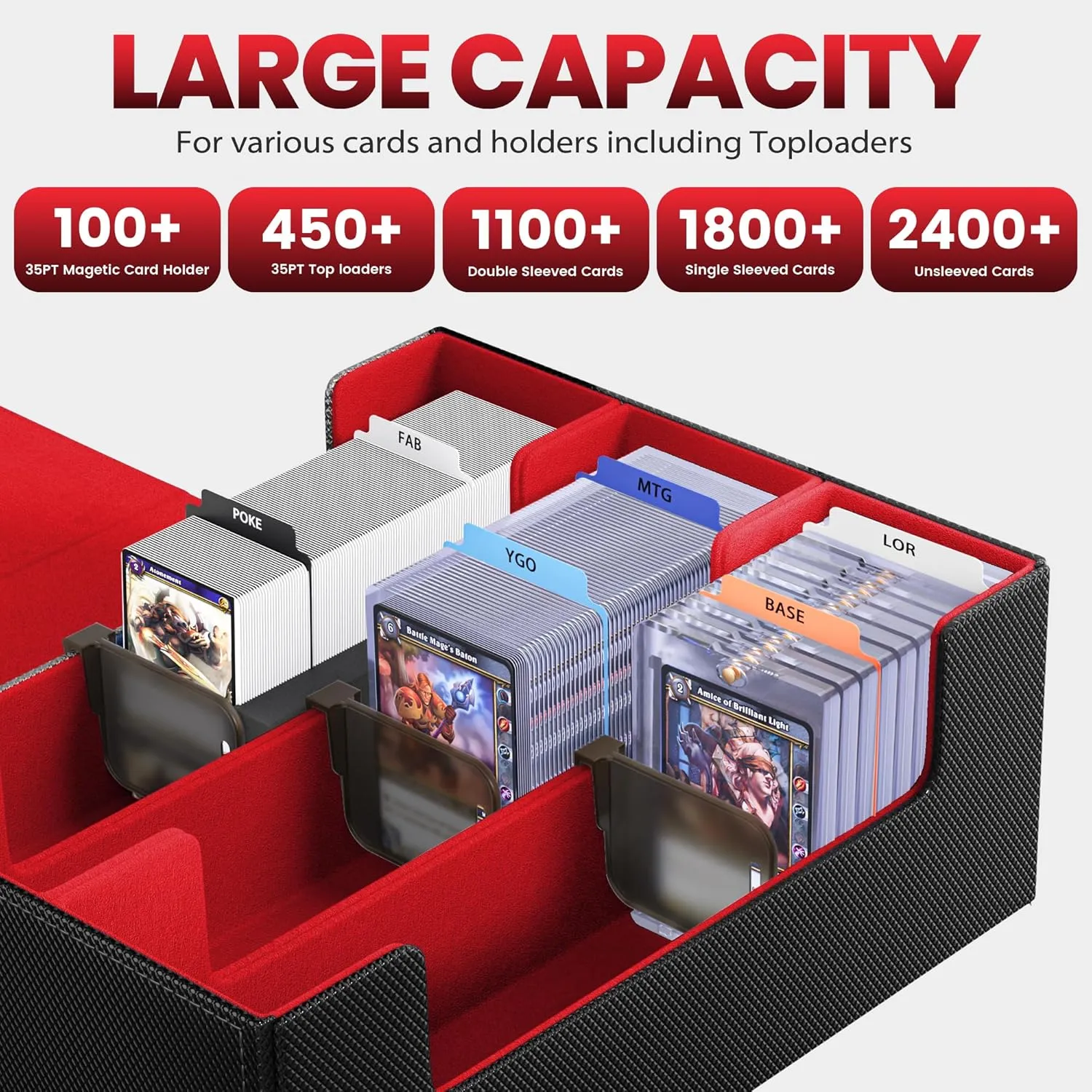 Card Storage Box For Trading Cards 1800 ,Card Deck Box With 10 Dividers,6 Foam Stoppers,4 Supporters,Commander Deck Case Fit For Toploaders,MTG,YuGiOh,TCG and Magic Cards