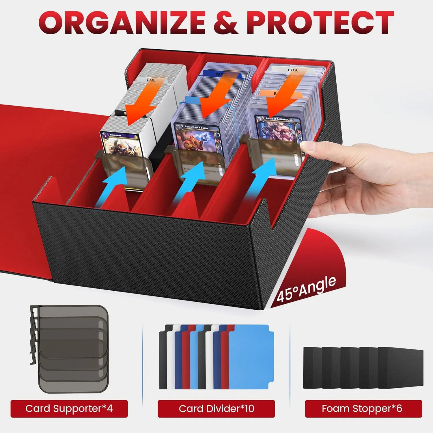Card Storage Box For Trading Cards 1800 ,Card Deck Box With 10 Dividers,6 Foam Stoppers,4 Supporters,Commander Deck Case Fit For Toploaders,MTG,YuGiOh,TCG and Magic Cards