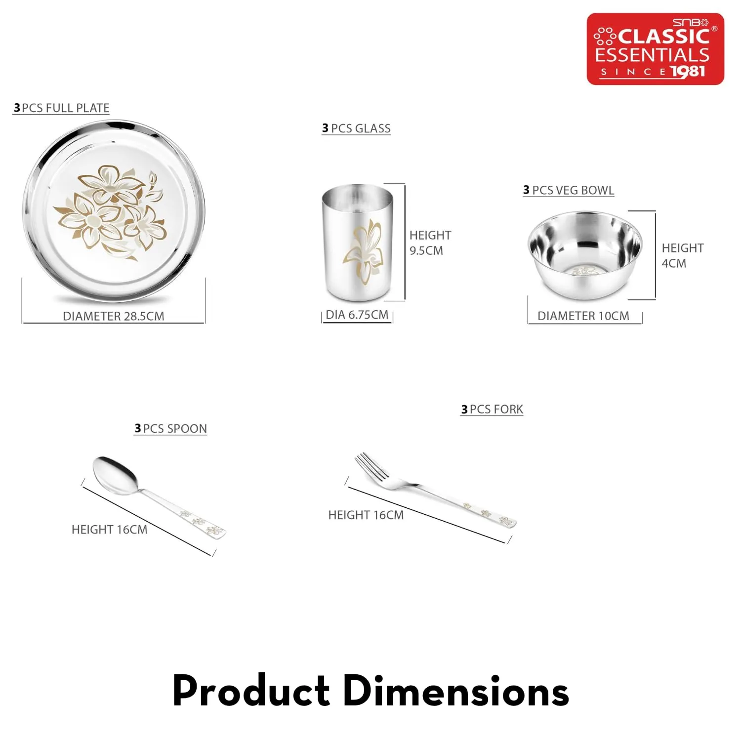 Classic Essentials Stainless Steel Glory Dinner Set | Kitchen Set for Home | Heavy Gauge Stainless Steel | Bartan Set | Permanent Glory Design Laser Engraved | Shagun Set, Set of 61