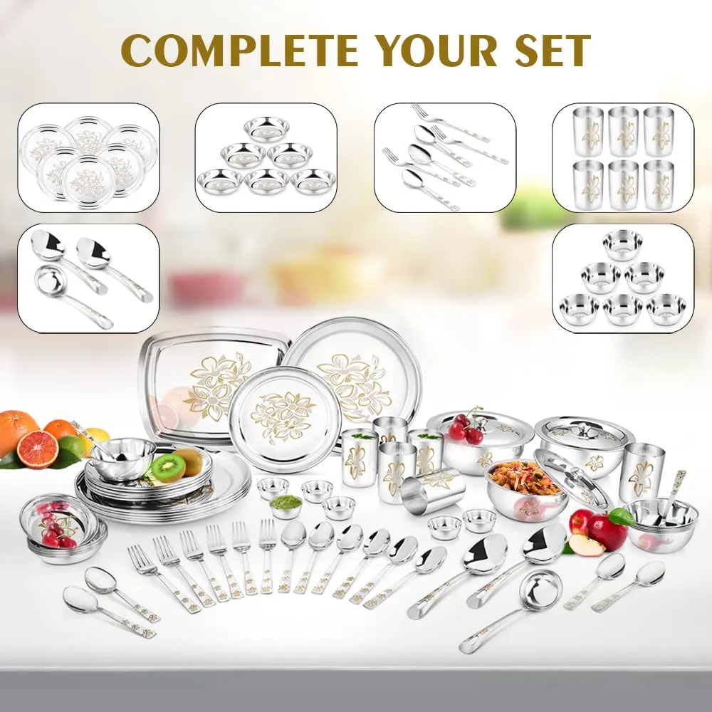 Classic Essentials Stainless Steel Glory Dinner Set | Kitchen Set for Home | Heavy Gauge Stainless Steel | Bartan Set | Permanent Glory Design Laser Engraved | Shagun Set, Set of 61