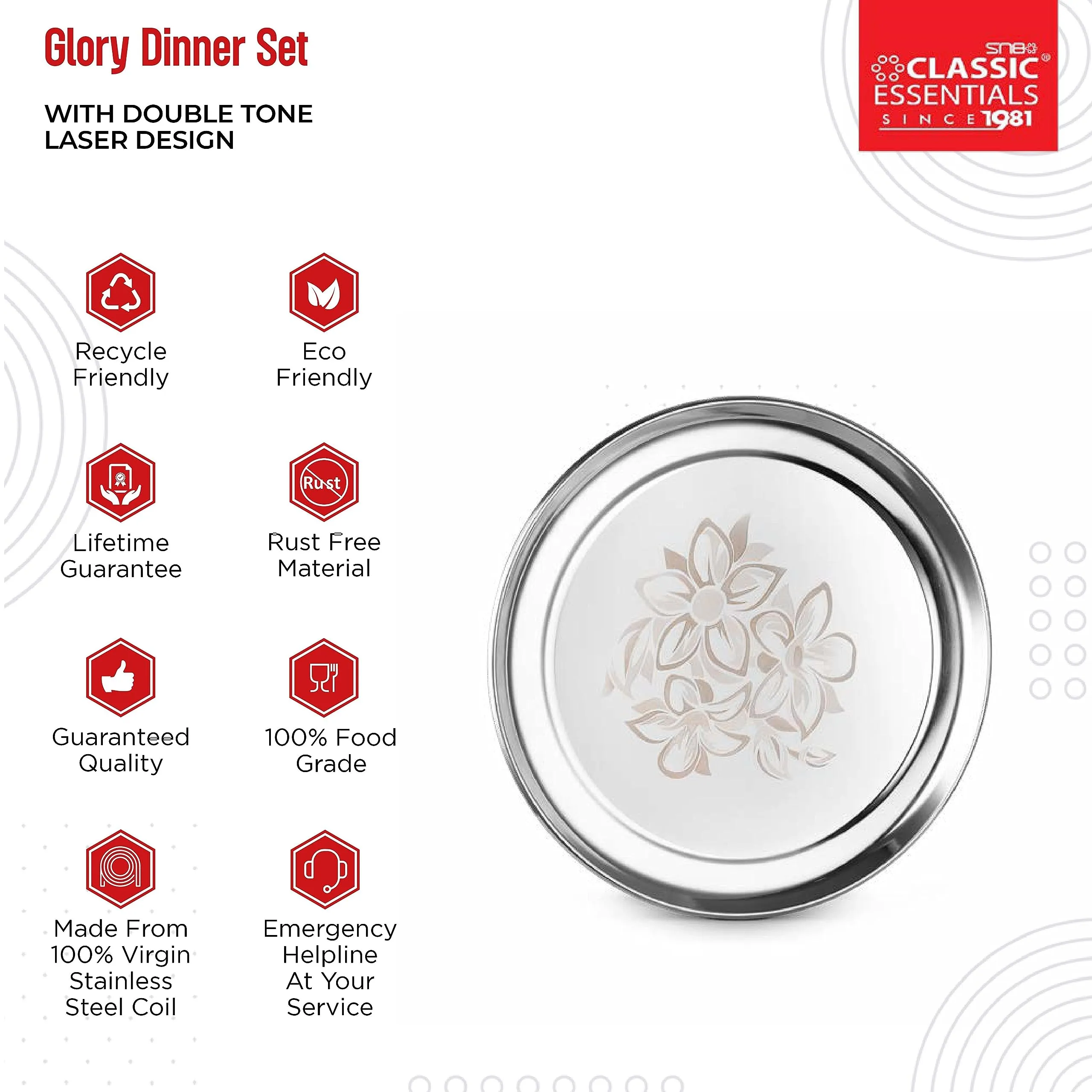 Classic Essentials Stainless Steel Glory Dinner Set | Kitchen Set for Home | Heavy Gauge Stainless Steel | Bartan Set | Permanent Glory Design Laser Engraved | Shagun Set, Set of 61
