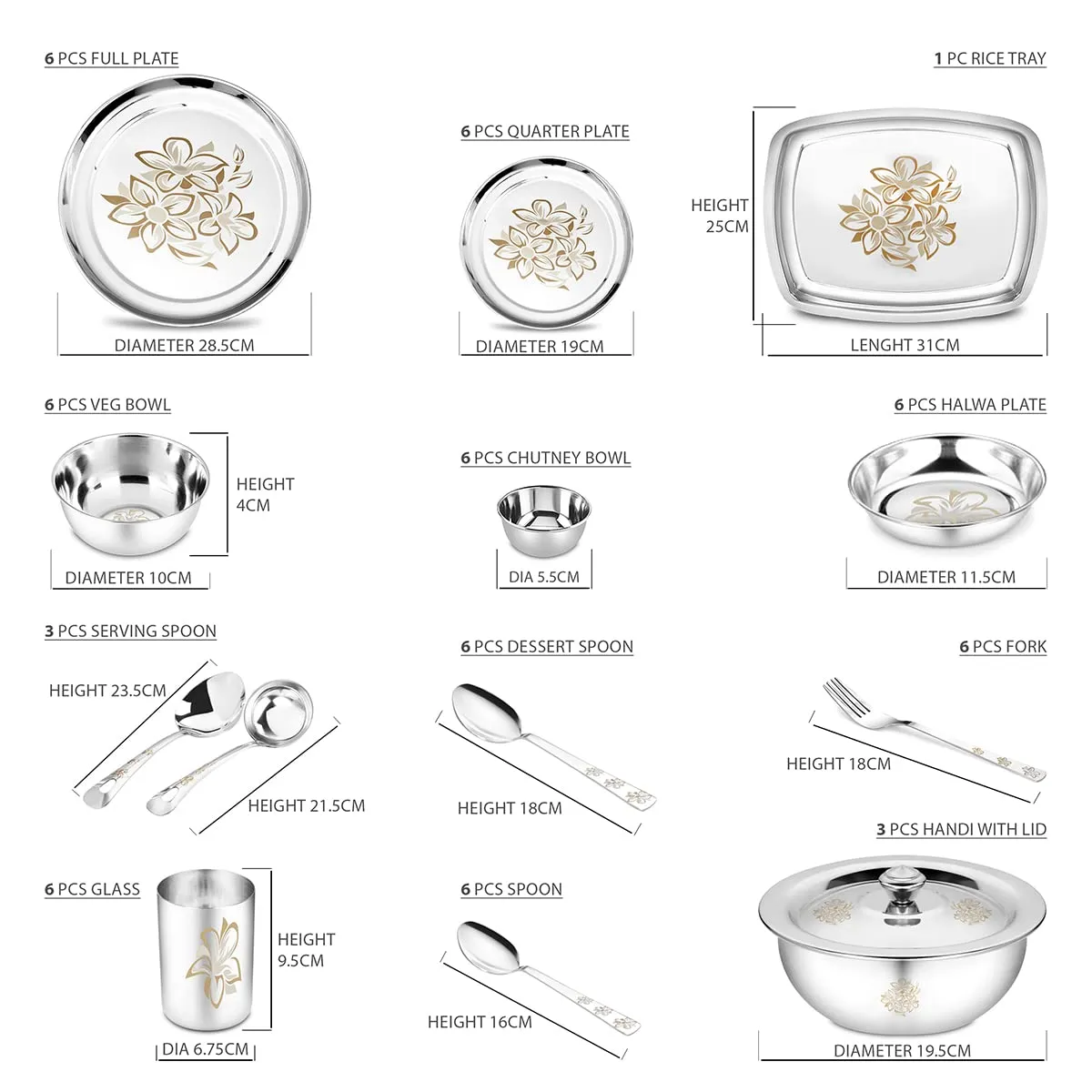 Classic Essentials Stainless Steel Glory Dinner Set | Kitchen Set for Home | Heavy Gauge Stainless Steel | Bartan Set | Permanent Glory Design Laser Engraved | Shagun Set, Set of 61