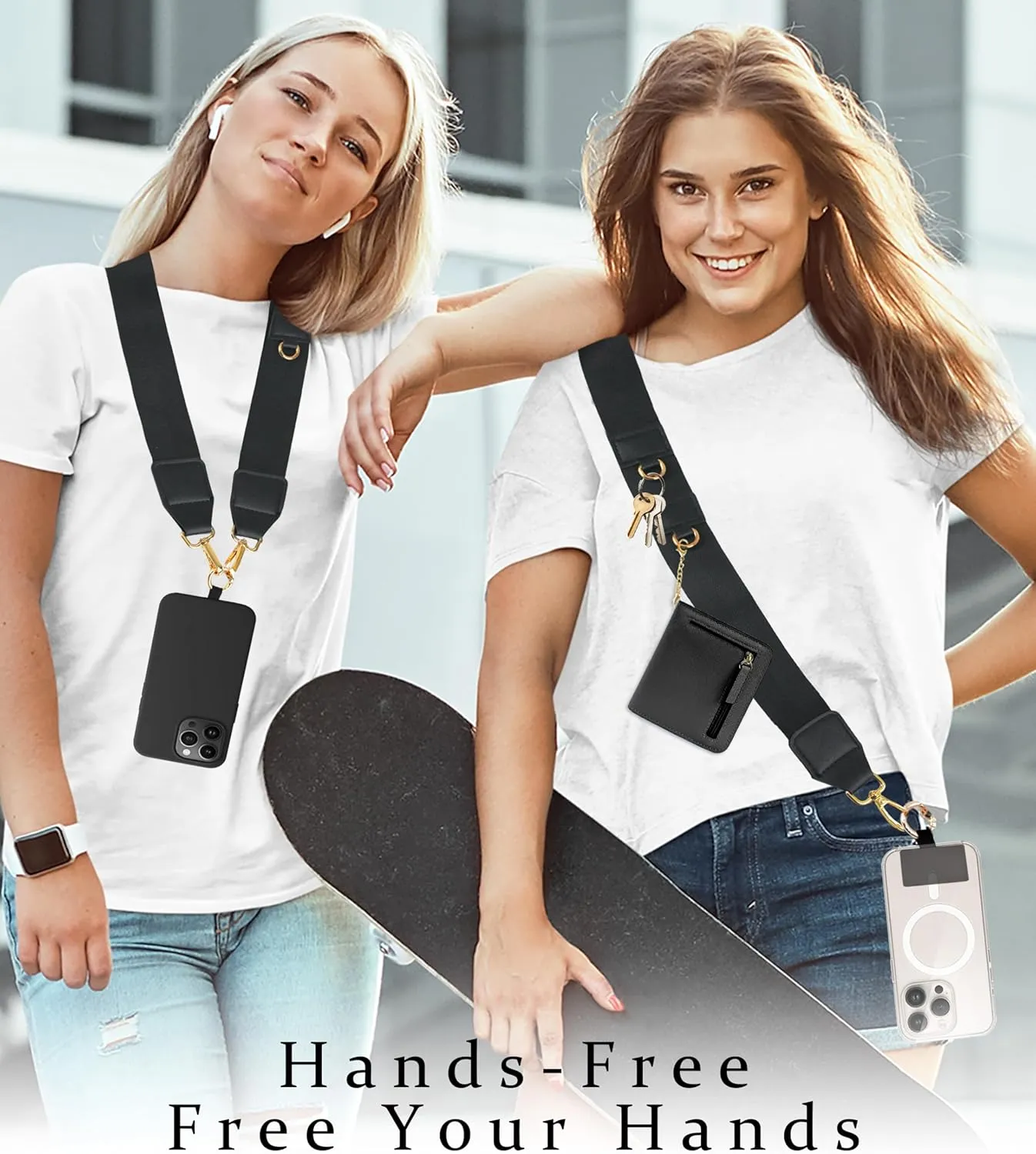 Clip and Go Strap for Phone with RFID Leather Wallet Crossbody Adjustable Cell Phone Strap Lanyard with Zippered Pouch