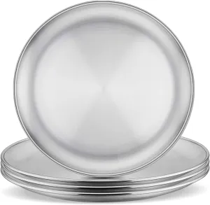 E-far Stainless Steel Plates Set of 4, 8-inch Metal Dinner Plates for Kids Toddlers, Great for Self-feeding/Picnic/Outdoor Camping, Healthy & Non-toxic, Shatterproof & Dishwasher Safe