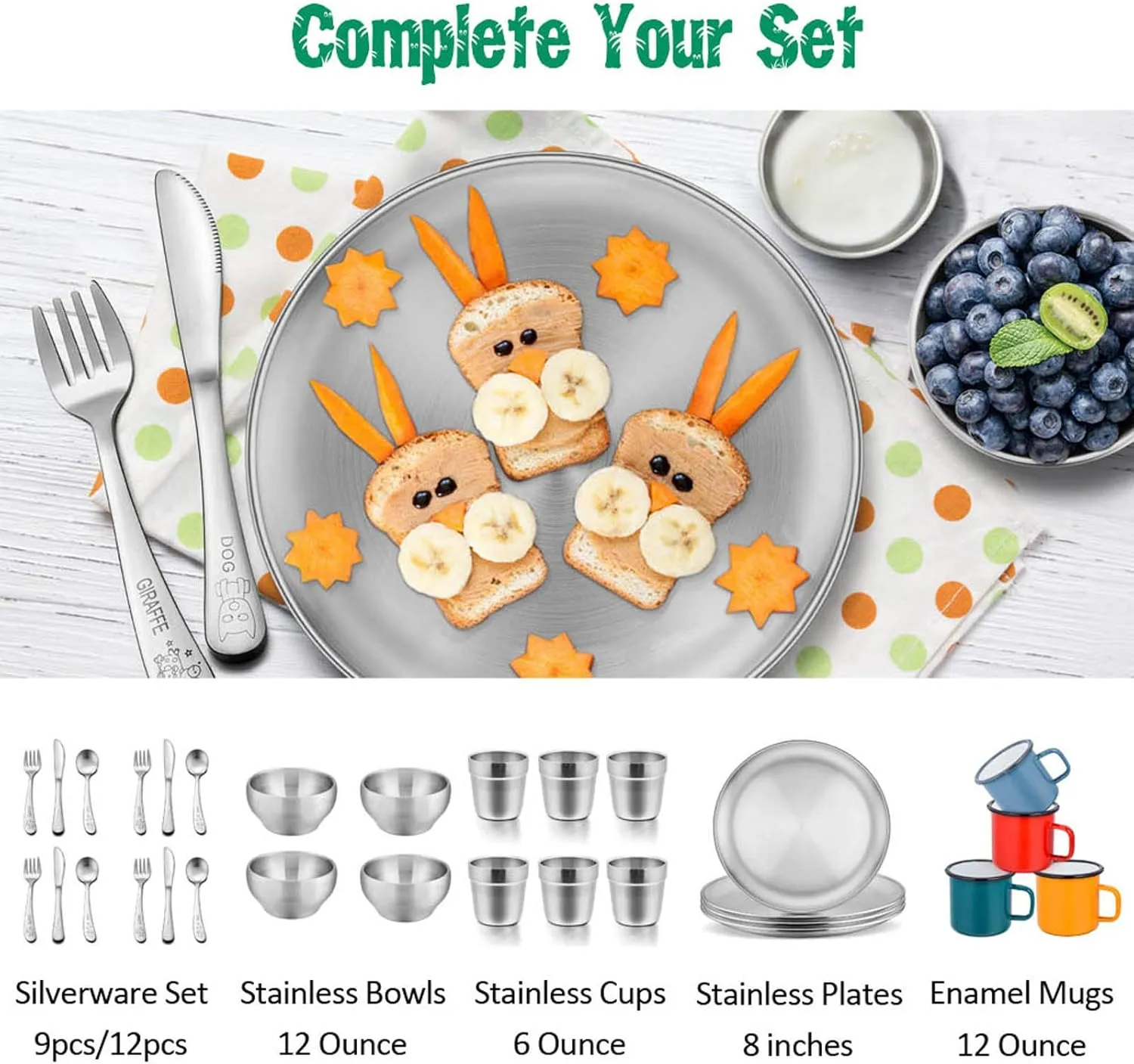 E-far Stainless Steel Plates Set of 4, 8-inch Metal Dinner Plates for Kids Toddlers, Great for Self-feeding/Picnic/Outdoor Camping, Healthy & Non-toxic, Shatterproof & Dishwasher Safe