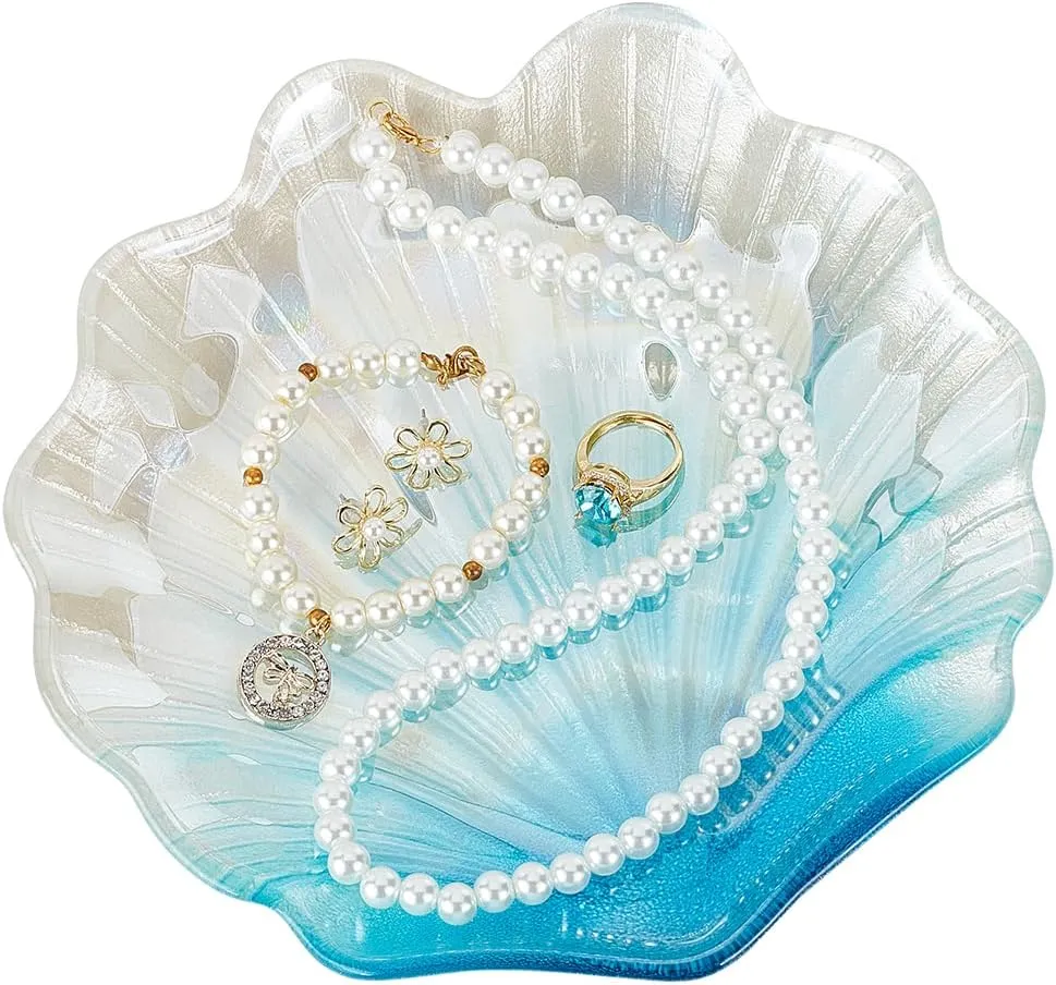 FINGERINSPIRE Shell Trinket Dish - Light Sky Blue Glass Jewelry Tray, Shell Shape Storage Tray for Rings, Earrings, Necklaces, Bracelets, and Keys