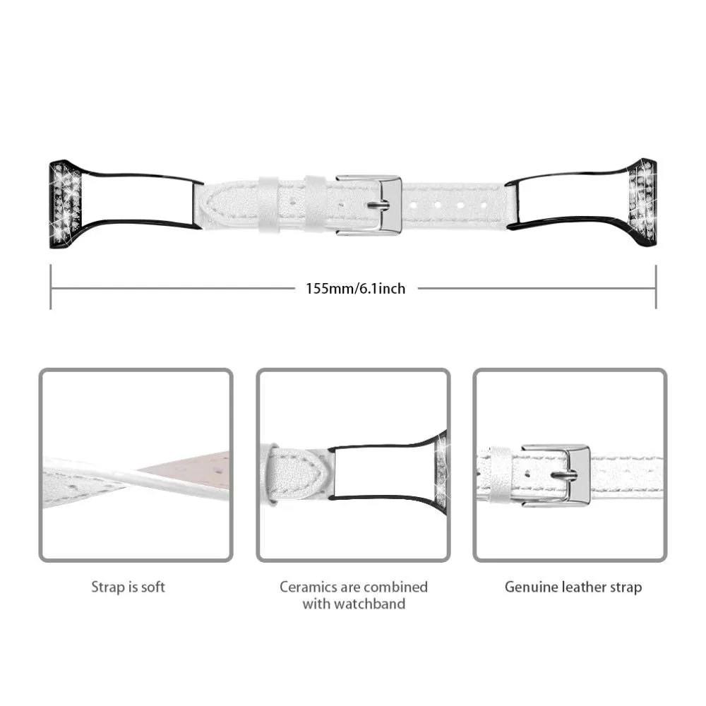 Garmin Vivoactive 4 rhinestone décor   cowhide leather watch strap - White