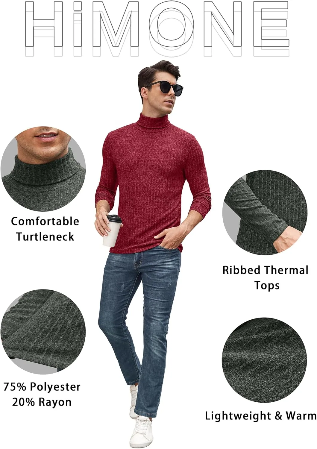 HiMONE Men Turtleneck Shirts Lightweight Long Sleeve Turtle Necks Ribbed Thermal Tops S-XXL