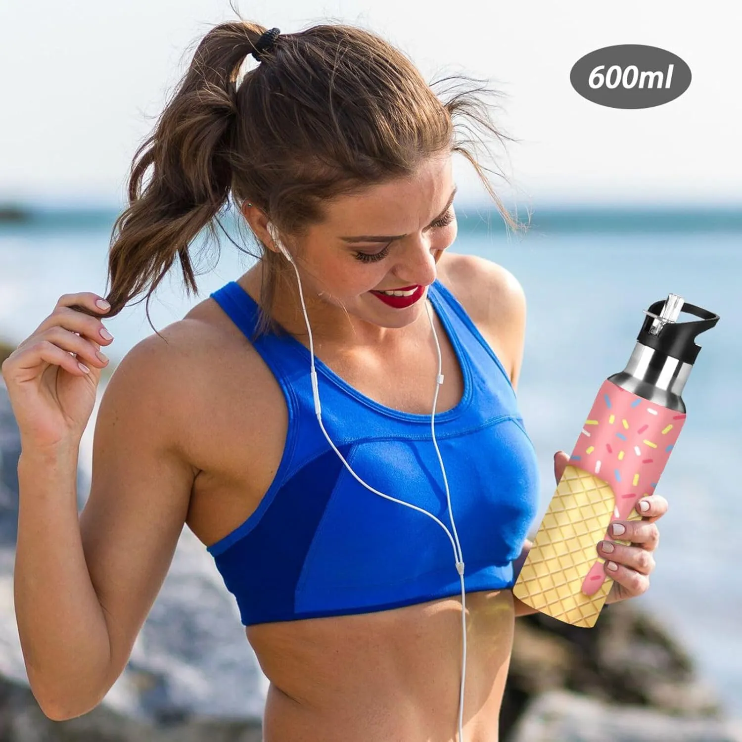Ice Cream Cone Water Bottle with Straw Lid 32oz Leakproof Vacuum Insulated Stainless Steel Sport Water Bottles for Gym, School, Travel