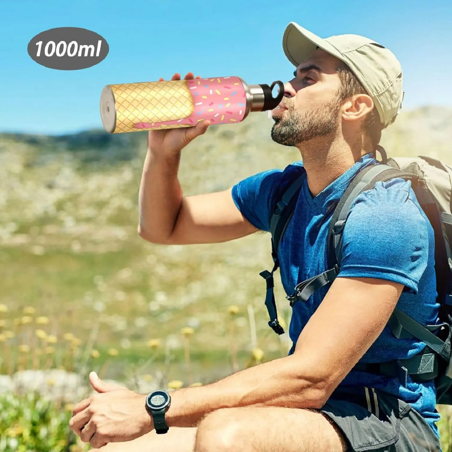 Ice Cream Cone Water Bottle with Straw Lid 32oz Leakproof Vacuum Insulated Stainless Steel Sport Water Bottles for Gym, School, Travel