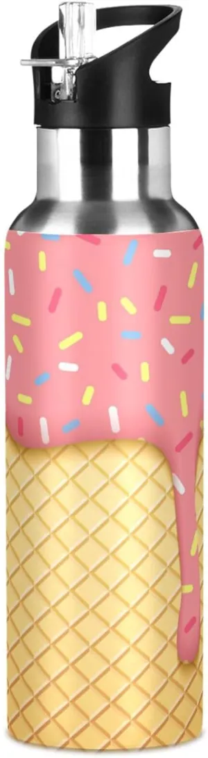 Ice Cream Cone Water Bottle with Straw Lid 32oz Leakproof Vacuum Insulated Stainless Steel Sport Water Bottles for Gym, School, Travel