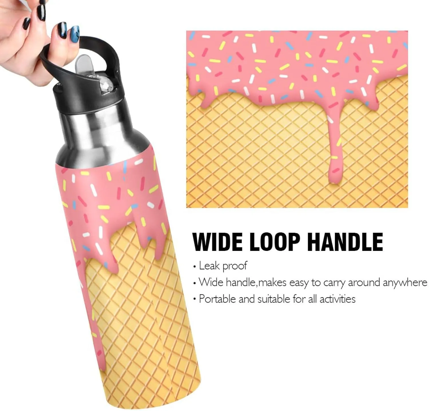 Ice Cream Cone Water Bottle with Straw Lid 32oz Leakproof Vacuum Insulated Stainless Steel Sport Water Bottles for Gym, School, Travel