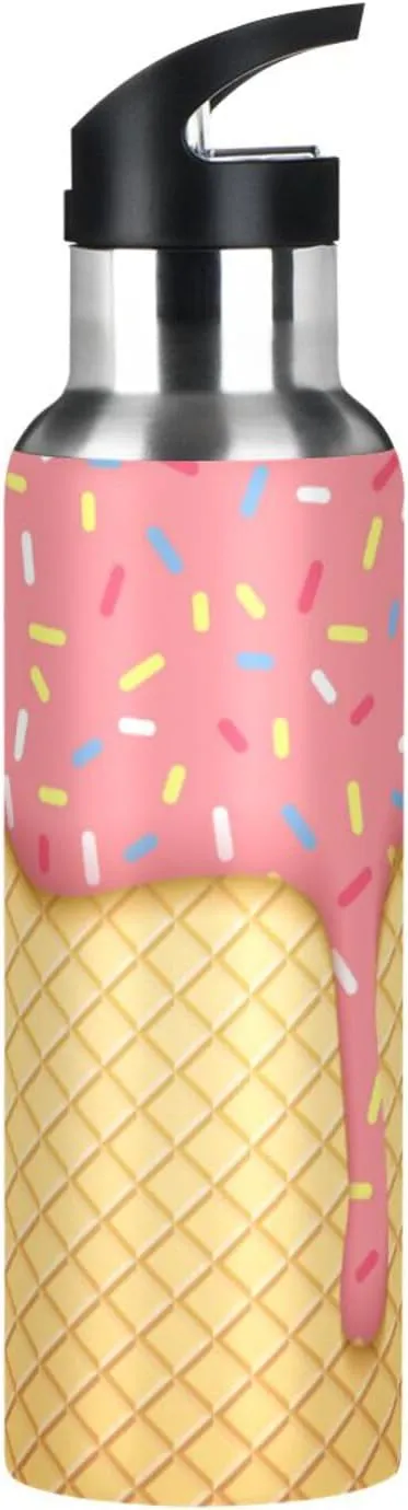 Ice Cream Cone Water Bottle with Straw Lid 32oz Leakproof Vacuum Insulated Stainless Steel Sport Water Bottles for Gym, School, Travel