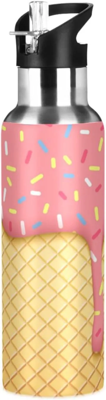 Ice Cream Cone Water Bottle with Straw Lid 32oz Leakproof Vacuum Insulated Stainless Steel Sport Water Bottles for Gym, School, Travel