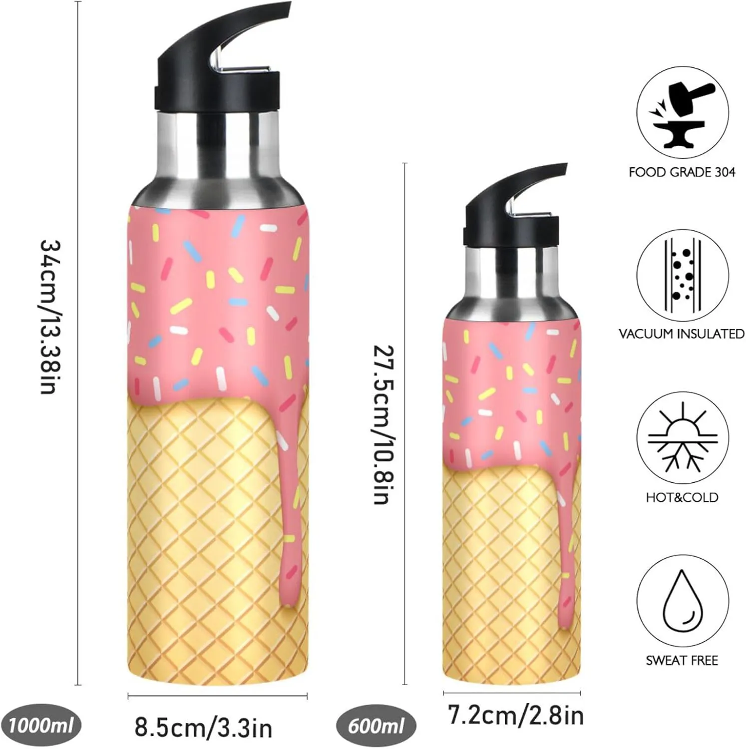 Ice Cream Cone Water Bottle with Straw Lid 32oz Leakproof Vacuum Insulated Stainless Steel Sport Water Bottles for Gym, School, Travel