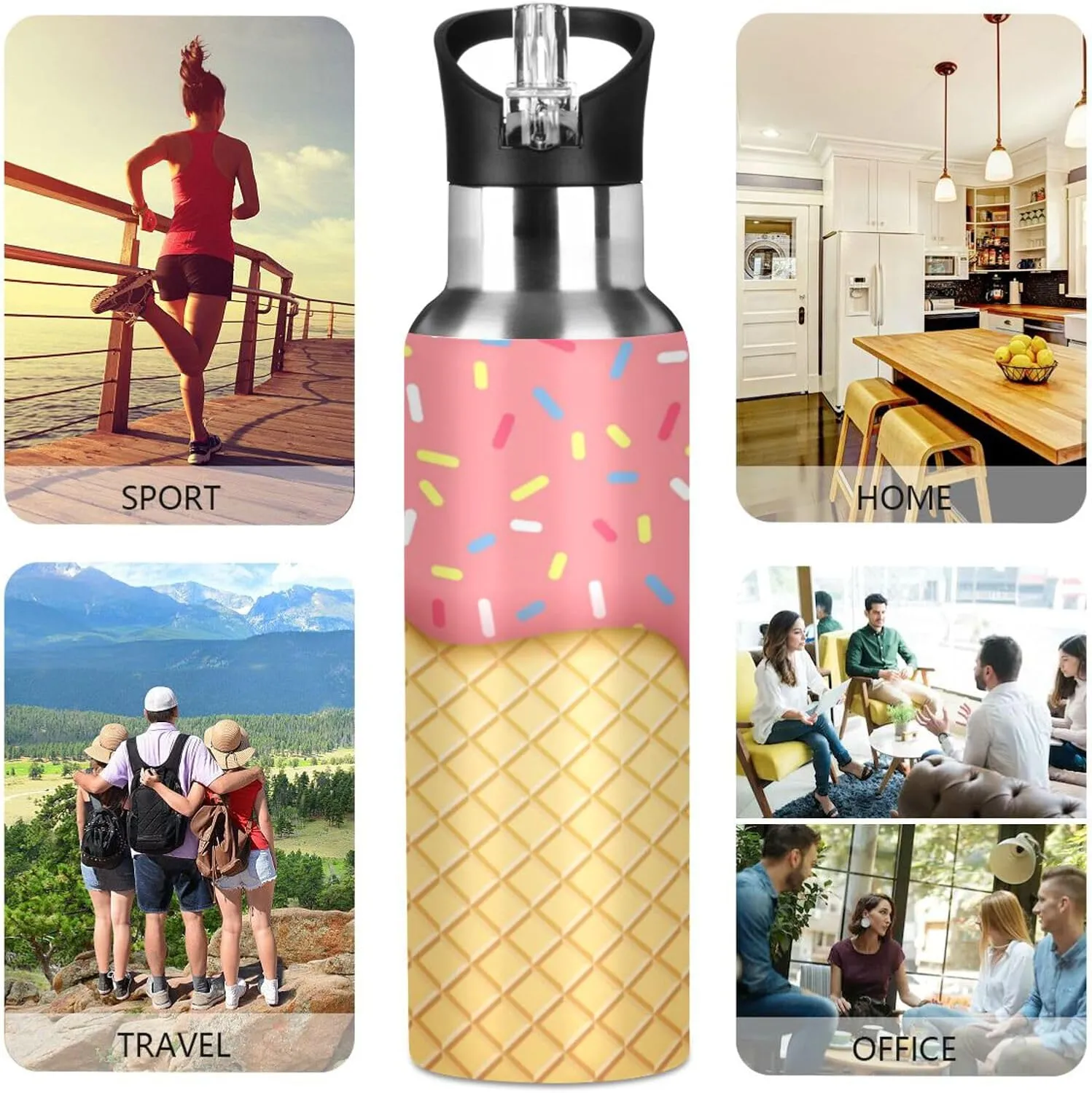 Ice Cream Cone Water Bottle with Straw Lid 32oz Leakproof Vacuum Insulated Stainless Steel Sport Water Bottles for Gym, School, Travel