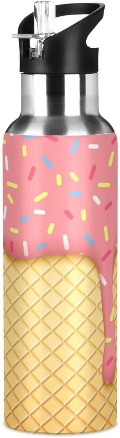 Ice Cream Cone Water Bottle with Straw Lid 32oz Leakproof Vacuum Insulated Stainless Steel Sport Water Bottles for Gym, School, Travel