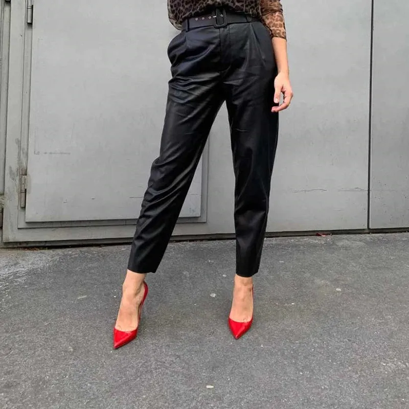 Isla Belted Slim Fit Leather Pants