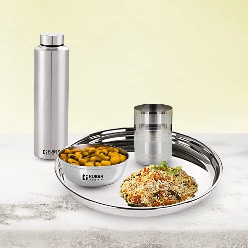 Kuber Industries Stainless Steel Bowl, Plate, and Bottle Set | Durable, Mirror Finish Shiny Utensils | Stainless Steel 200ml Bowl Set of 6, 1 Liter Bottle and Plate Set of 6