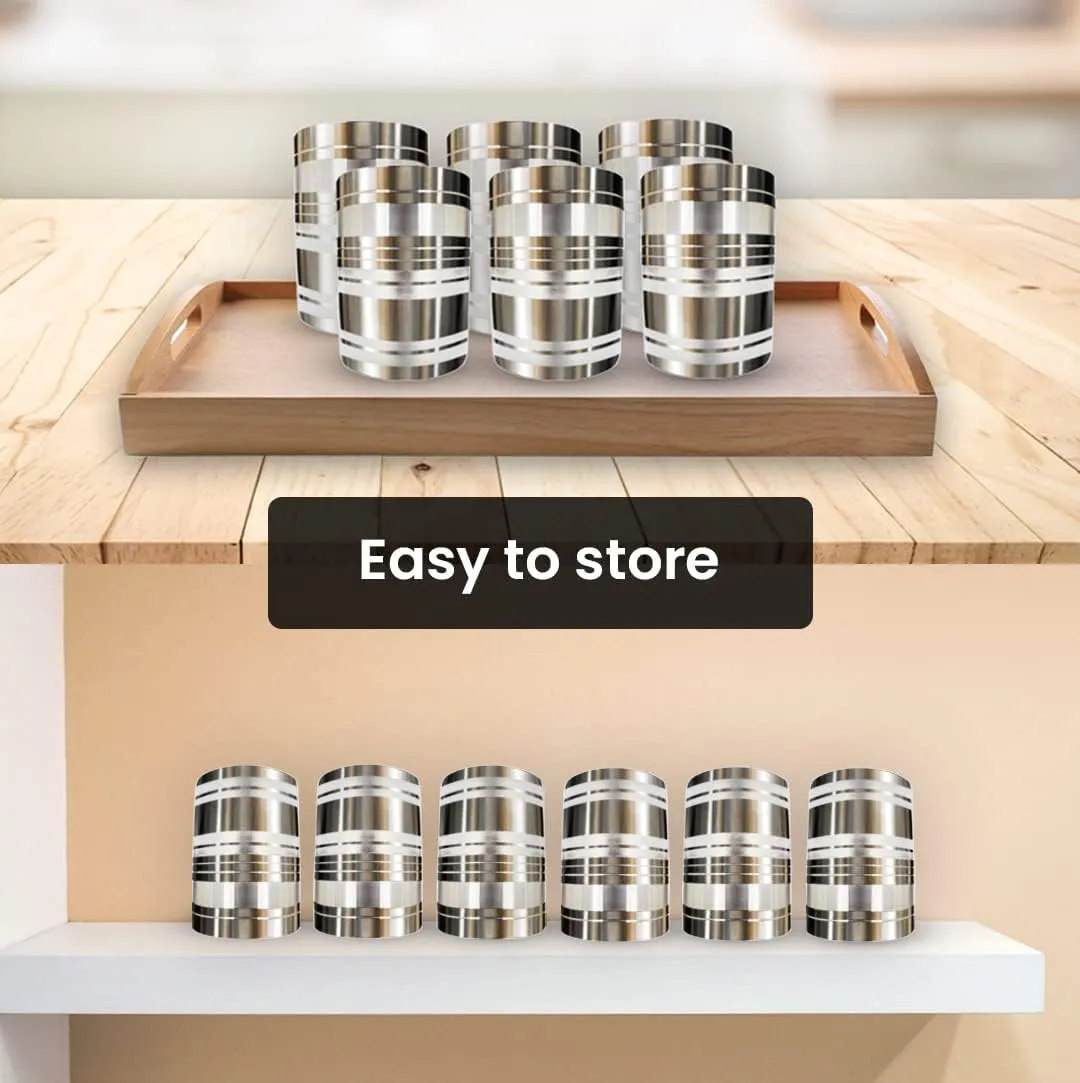 Kuber Industries Stainless Steel Glass Set | Wobble Free Base, Durable | Multipurpose, Elegant Design & Mirror Finish | Easy to Clean & Store | Steel Glass Set 6 (Pack of 6)