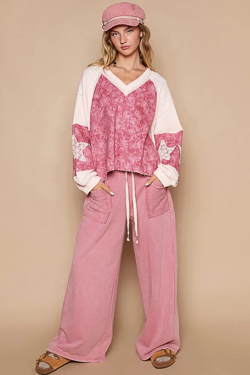 Lace Detail Floral Pattern V Neck Top