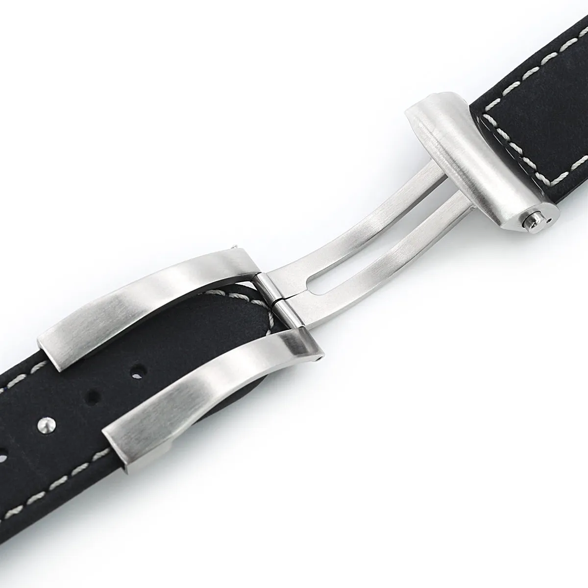 MiLTAT Matt Black Nubuck Leather Deployment Buckle, Beige Stitching