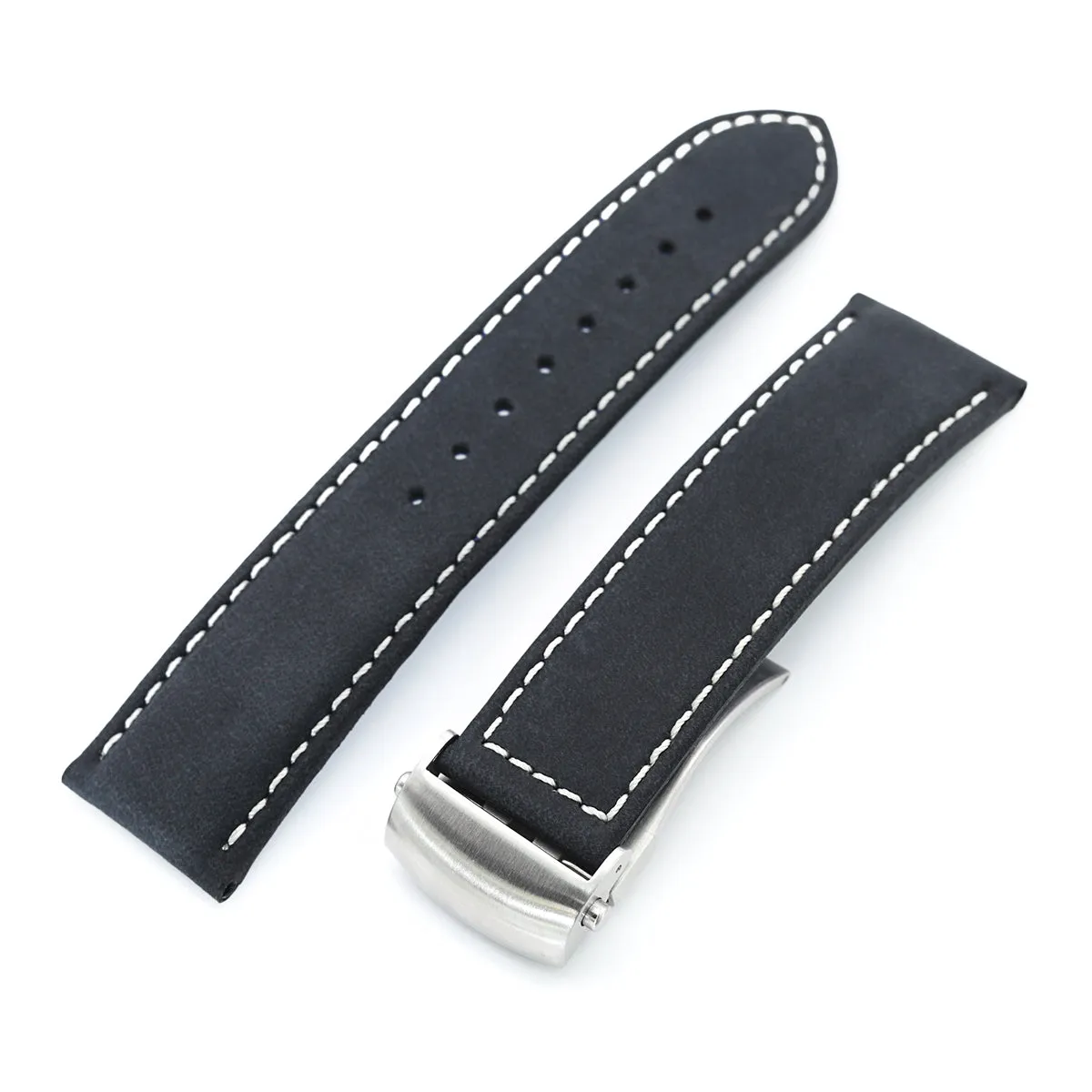 MiLTAT Matt Black Nubuck Leather Deployment Buckle, Beige Stitching