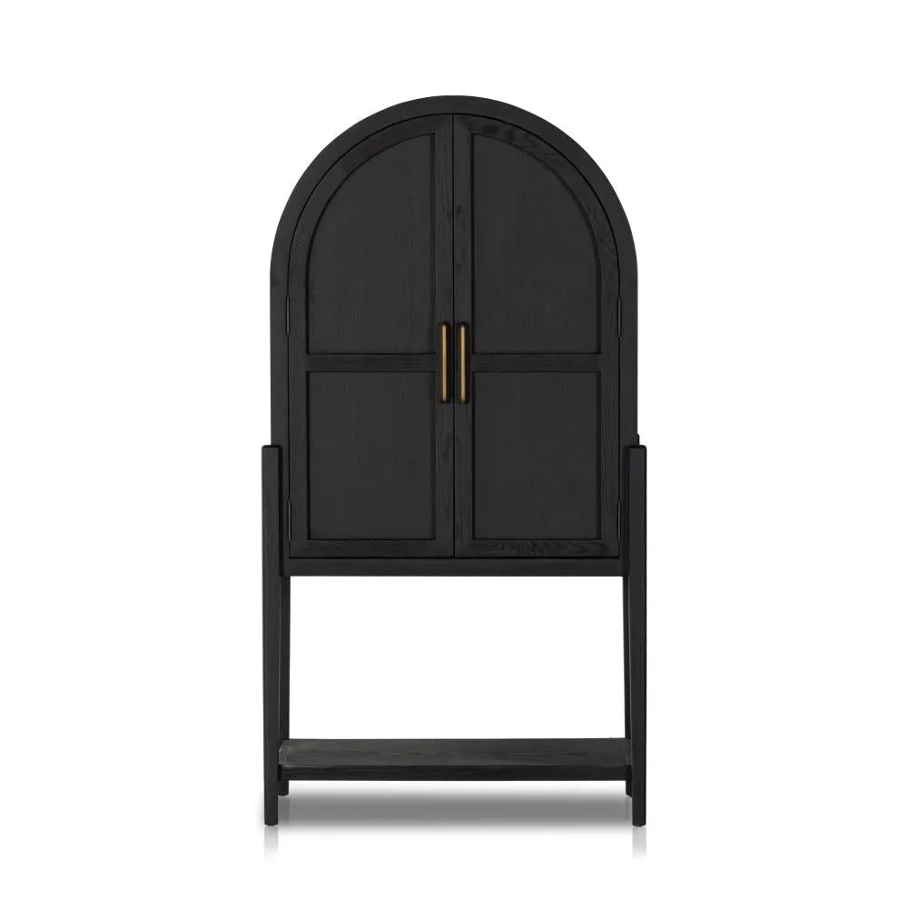 Modern Organic Matte Black Oak Wood Tall Arch Top Bar Cabinet Home Bar 38 inch