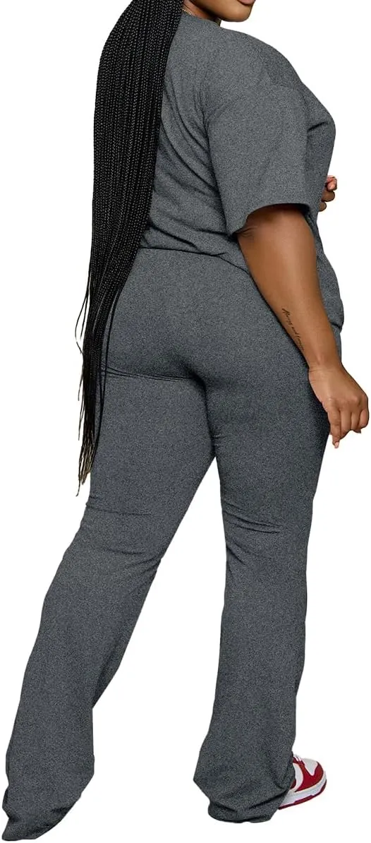 PINSV Womens Plus Size Sets 2 Piece Outfits Casual Short Sleeve Top and Flare Pants Tracksuit