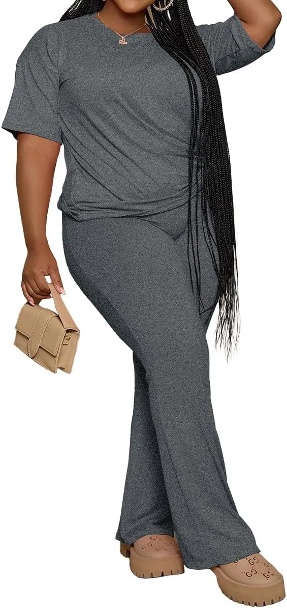 PINSV Womens Plus Size Sets 2 Piece Outfits Casual Short Sleeve Top and Flare Pants Tracksuit