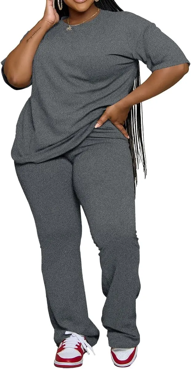 PINSV Womens Plus Size Sets 2 Piece Outfits Casual Short Sleeve Top and Flare Pants Tracksuit