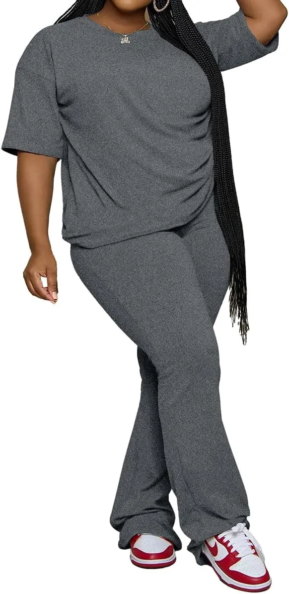 PINSV Womens Plus Size Sets 2 Piece Outfits Casual Short Sleeve Top and Flare Pants Tracksuit