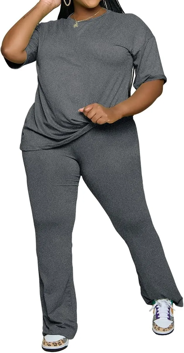 PINSV Womens Plus Size Sets 2 Piece Outfits Casual Short Sleeve Top and Flare Pants Tracksuit