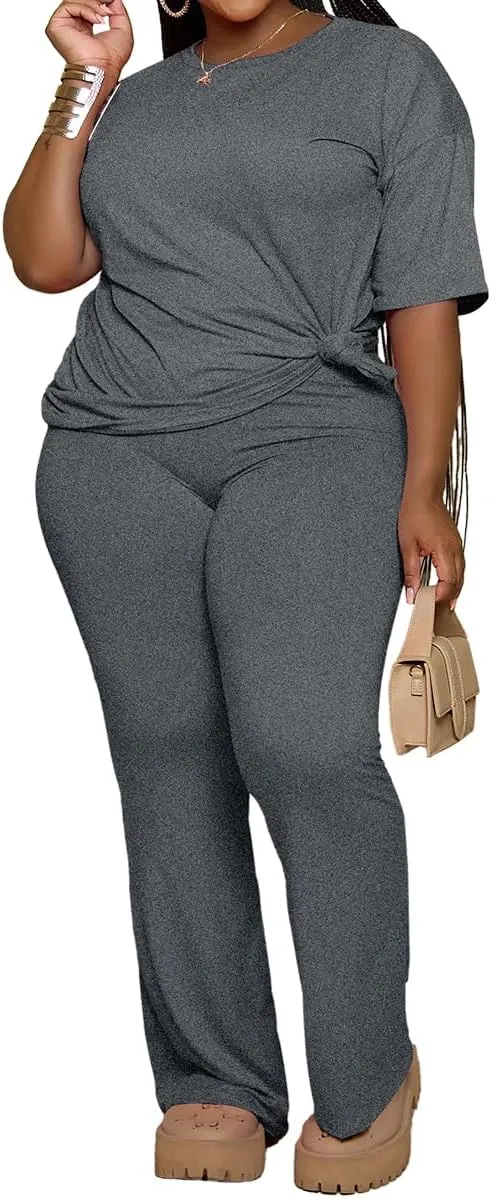 PINSV Womens Plus Size Sets 2 Piece Outfits Casual Short Sleeve Top and Flare Pants Tracksuit