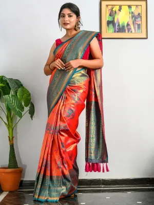 Reddish Orange Saree in Pure Kanjeevaram Silk