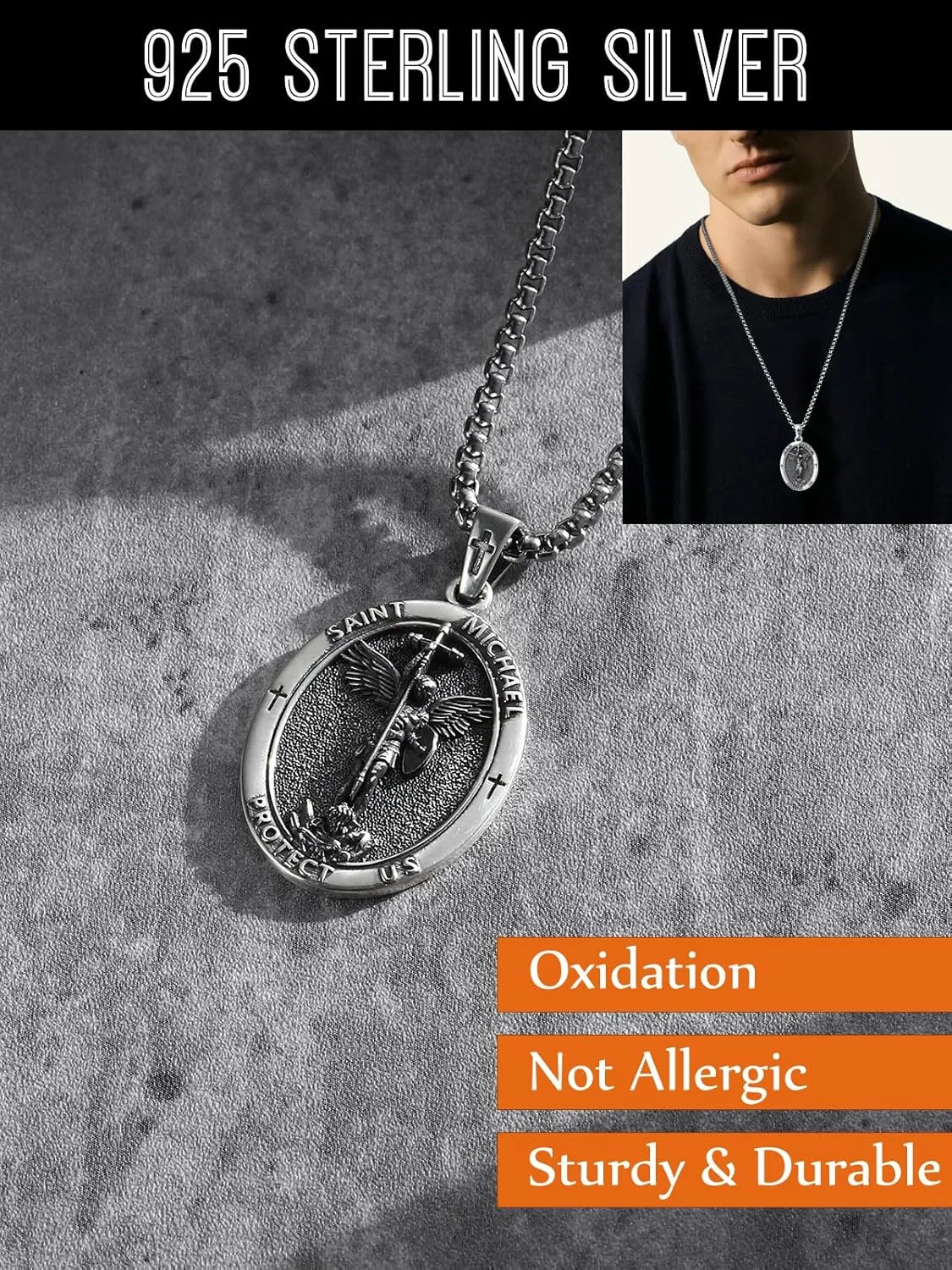 Saint Pendant Necklace-Sterling Silver Necklace with 22 2" Chain,Gift for Husband Boyfriend Father Son Grandpa