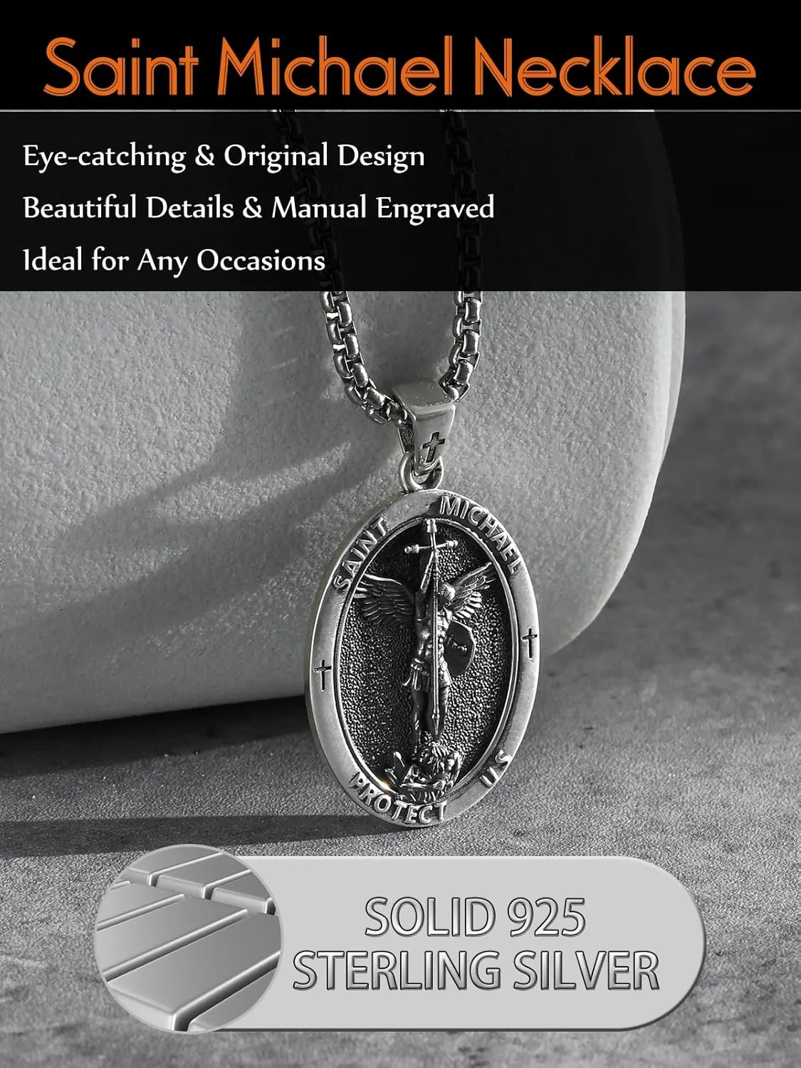 Saint Pendant Necklace-Sterling Silver Necklace with 22 2" Chain,Gift for Husband Boyfriend Father Son Grandpa