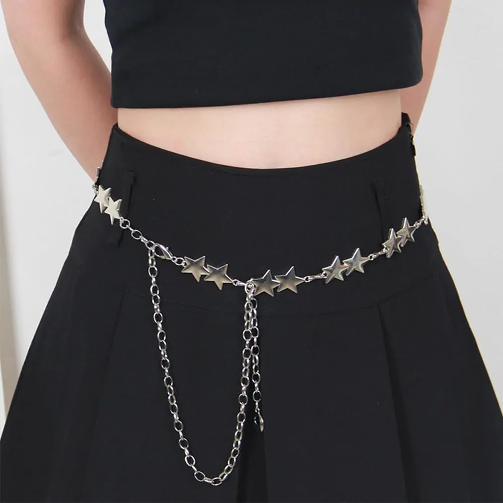 Silver Star Chain Belt Western Metal Belt for Women Punk Chain Belts for Dresses Jeans Waist Chain Belt Y2k Emo Body Jewelry