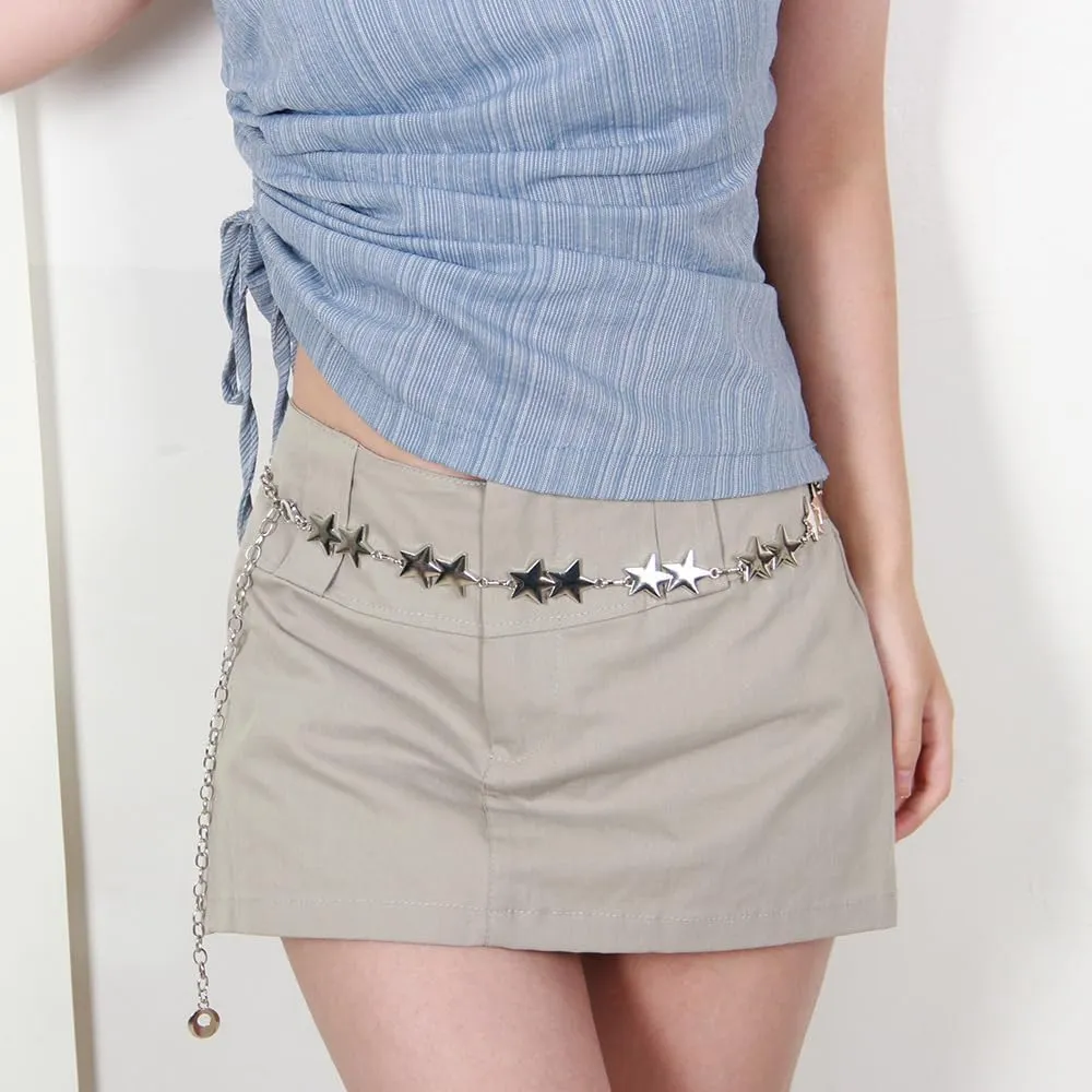 Silver Star Chain Belt Western Metal Belt for Women Punk Chain Belts for Dresses Jeans Waist Chain Belt Y2k Emo Body Jewelry
