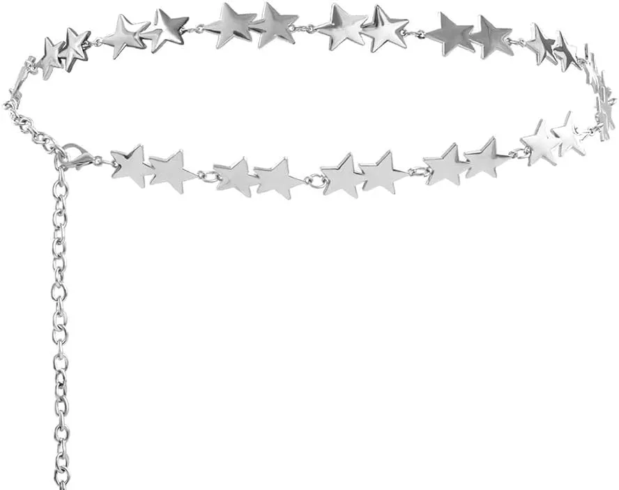 Silver Star Chain Belt Western Metal Belt for Women Punk Chain Belts for Dresses Jeans Waist Chain Belt Y2k Emo Body Jewelry