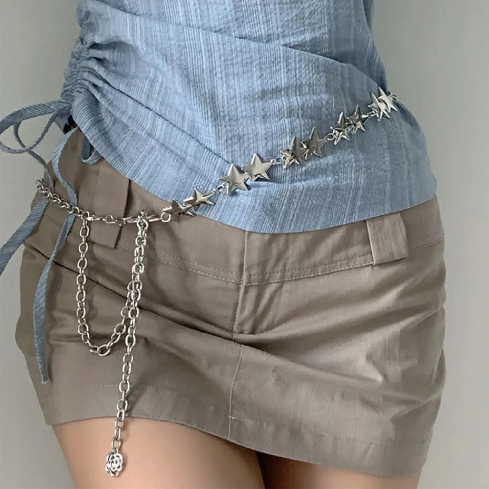 Silver Star Chain Belt Western Metal Belt for Women Punk Chain Belts for Dresses Jeans Waist Chain Belt Y2k Emo Body Jewelry