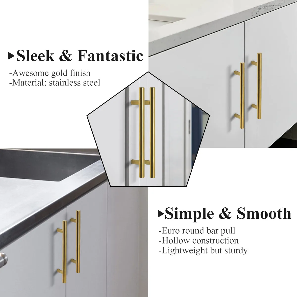 Stainless Steel T Bar Cabinet Handles Gold Finish, 160mm 6-3/10inch Hole Centers
