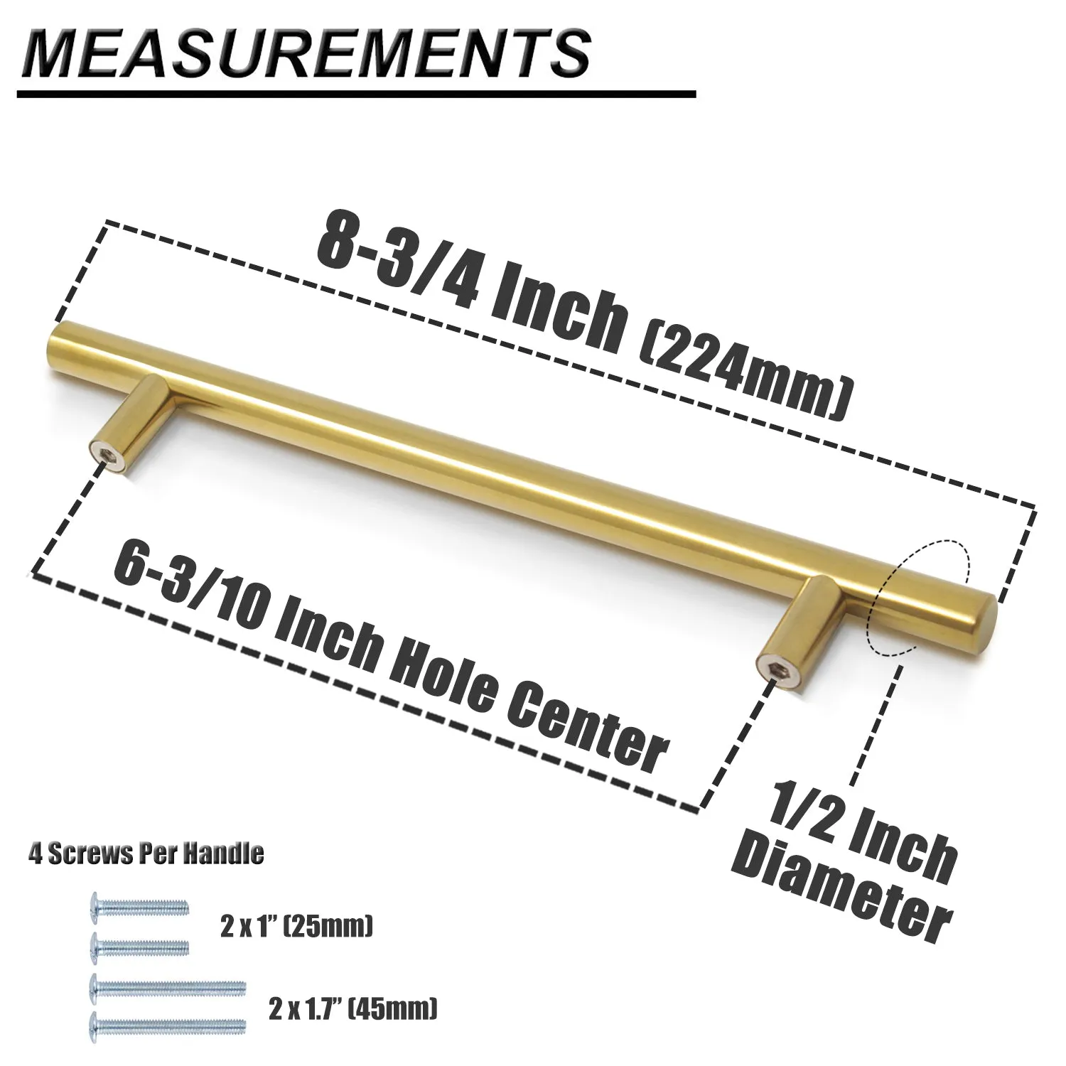 Stainless Steel T Bar Cabinet Handles Gold Finish, 160mm 6-3/10inch Hole Centers