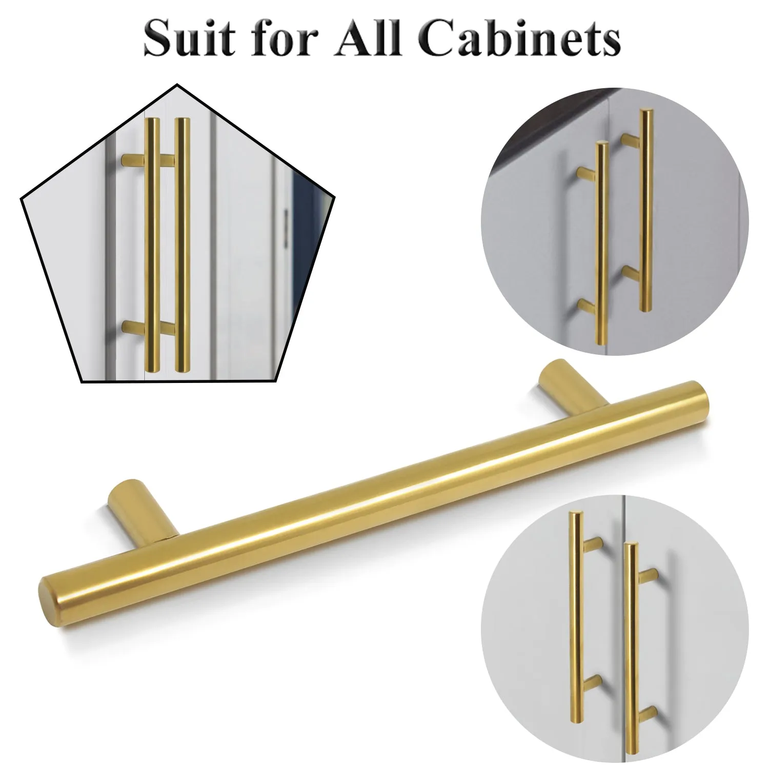 Stainless Steel T Bar Cabinet Handles Gold Finish, 160mm 6-3/10inch Hole Centers